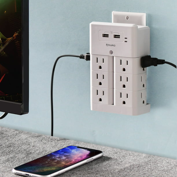 Aduro Surge Power Strip 6 Outlets & Dual USB Ports & Phone Holder Wall Outlet
